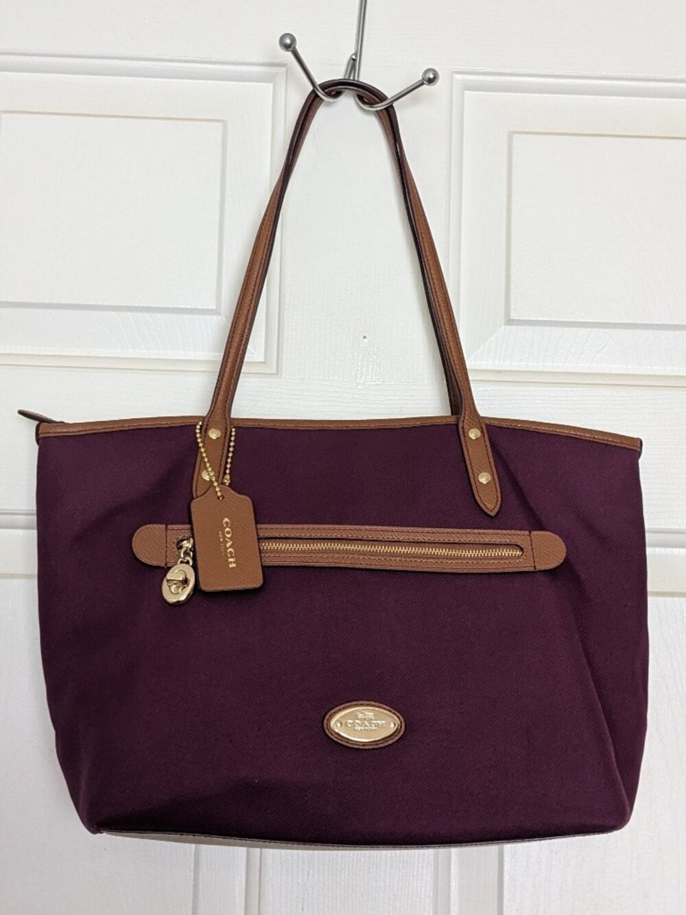 Coach Sawyer Plum Canvas & Leather Tote Bag Gold Hardware Charm Purple